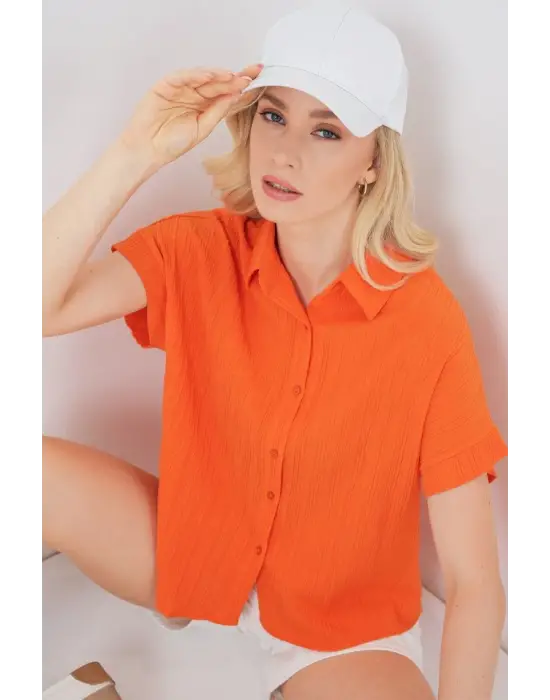 Çizgili Kısa Kol Gömlek 20324 - Turuncu