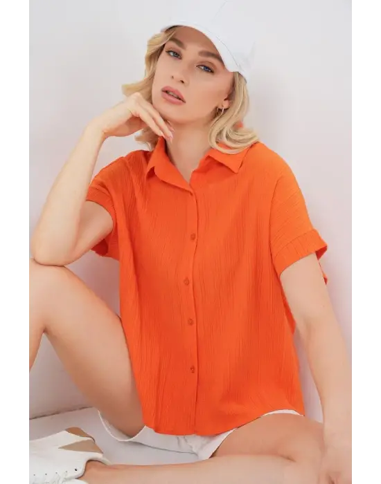 Çizgili Kısa Kol Gömlek 20324 - Turuncu
