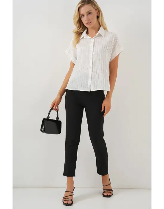 Çizgili Kısa Kol Gömlek 20327 - Beyaz