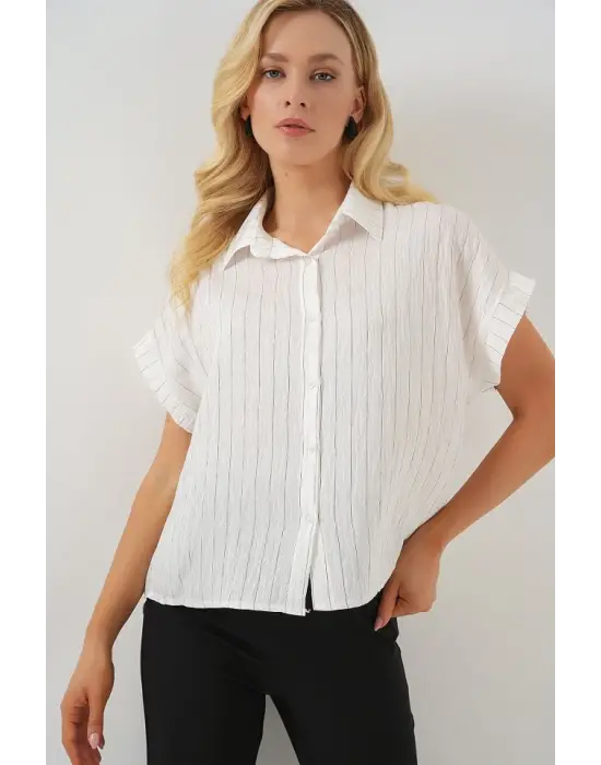 Çizgili Kısa Kol Gömlek 20327 - Beyaz