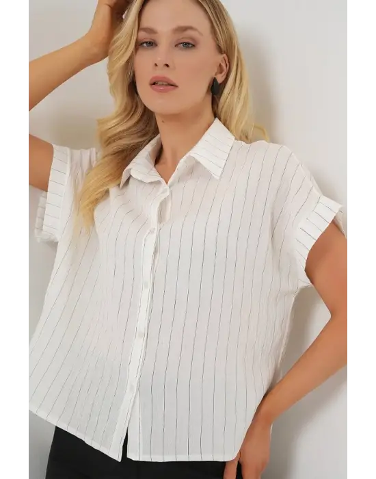 Çizgili Kısa Kol Gömlek 20327 - Beyaz