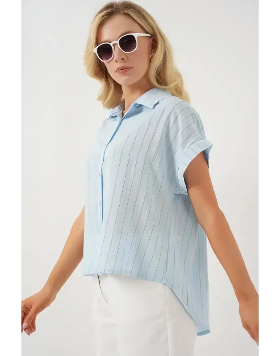 Çizgili Kısa Kol Gömlek 20327 - Mavi