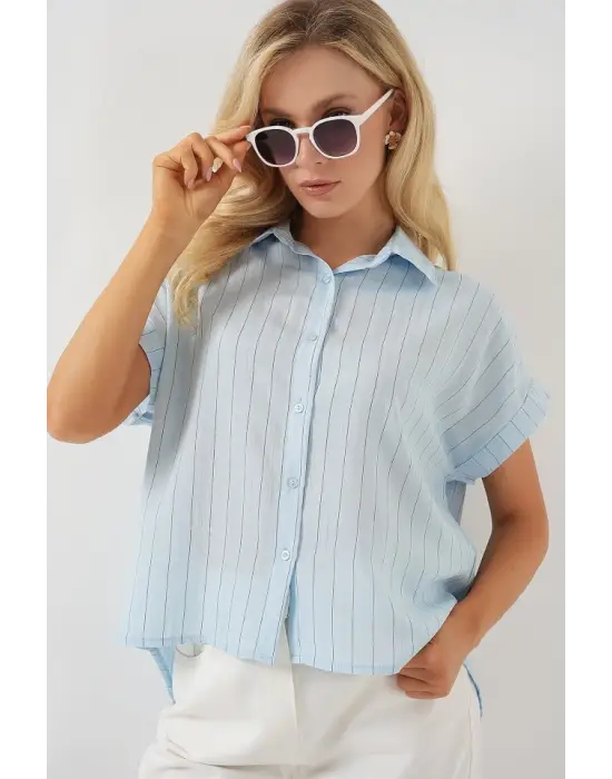 Çizgili Kısa Kol Gömlek 20327 - Mavi