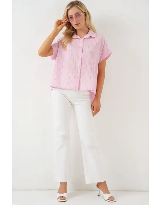 Çizgili Kısa Kol Gömlek 20327 - Pembe