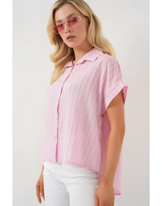 Çizgili Kısa Kol Gömlek 20327 - Pembe