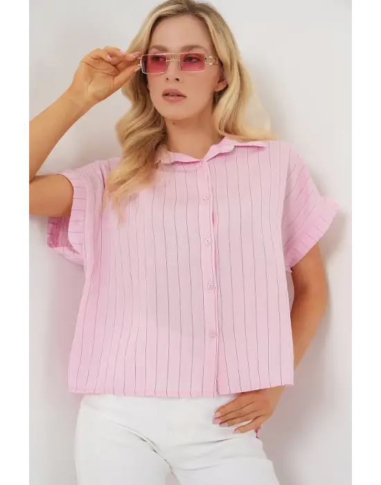 Çizgili Kısa Kol Gömlek 20327 - Pembe
