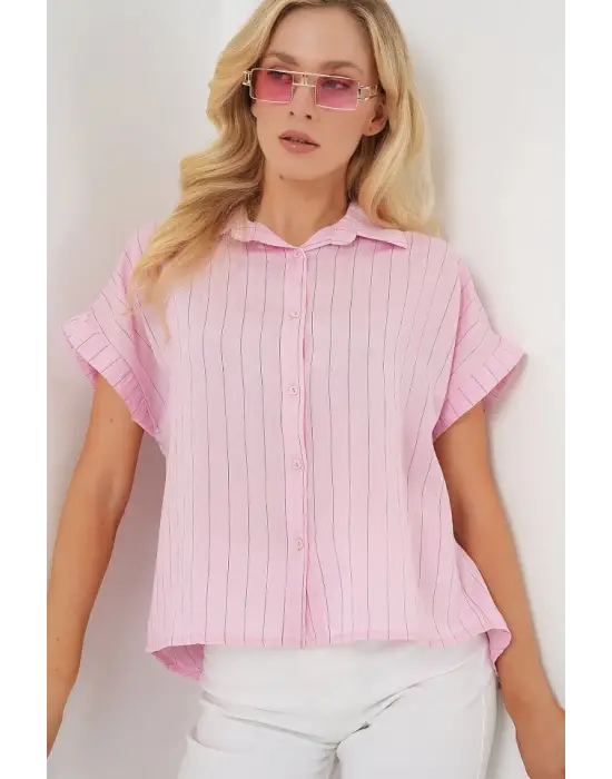 Çizgili Kısa Kol Gömlek 20327 - Pembe