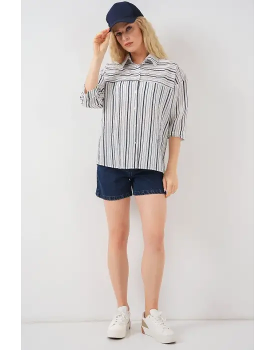 Çizgili Kısa Kol Gömlek 20344 - A.Lacivert