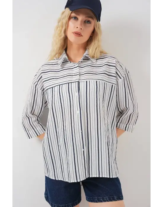 Çizgili Kısa Kol Gömlek 20344 - A.Lacivert