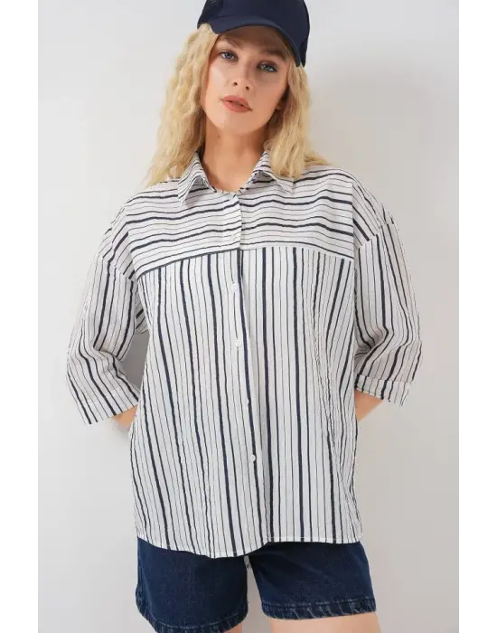 Çizgili Kısa Kol Gömlek 20344 - A.Lacivert