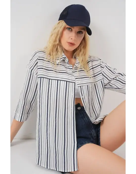 Çizgili Kısa Kol Gömlek 20344 - A.Lacivert