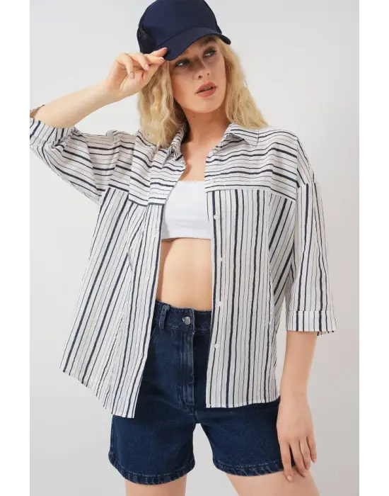 Çizgili Kısa Kol Gömlek 20344 - A.Lacivert