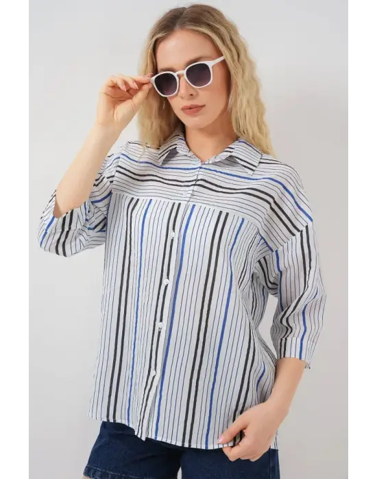Çizgili Kısa Kol Gömlek 20344 - Lacivert
