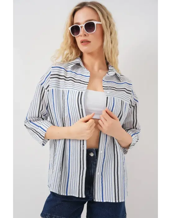 Çizgili Kısa Kol Gömlek 20344 - Lacivert