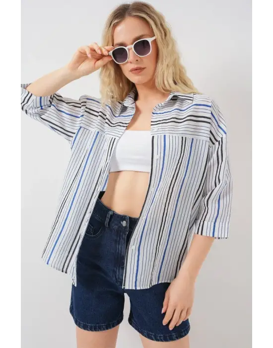 Çizgili Kısa Kol Gömlek 20344 - Lacivert