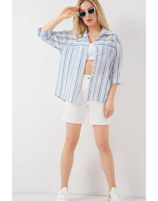 Çizgili Kısa Kol Gömlek 20344 - Mavi