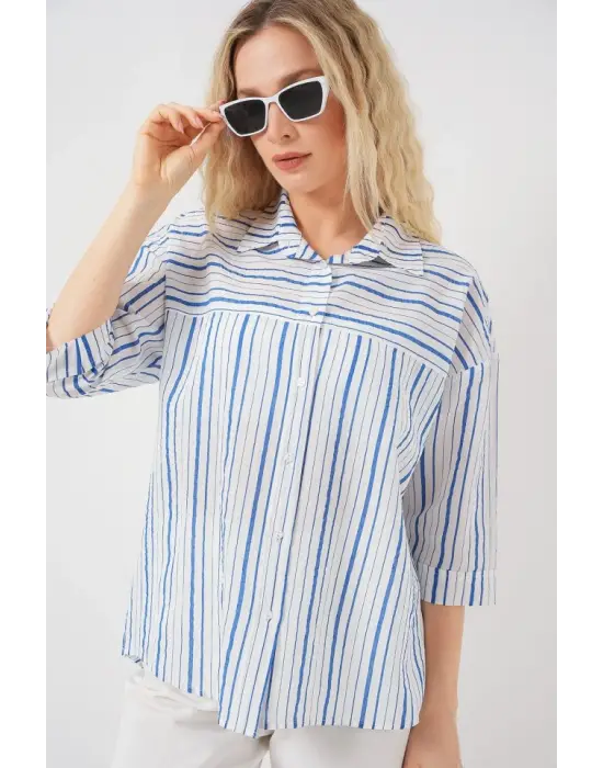 Çizgili Kısa Kol Gömlek 20344 - Mavi