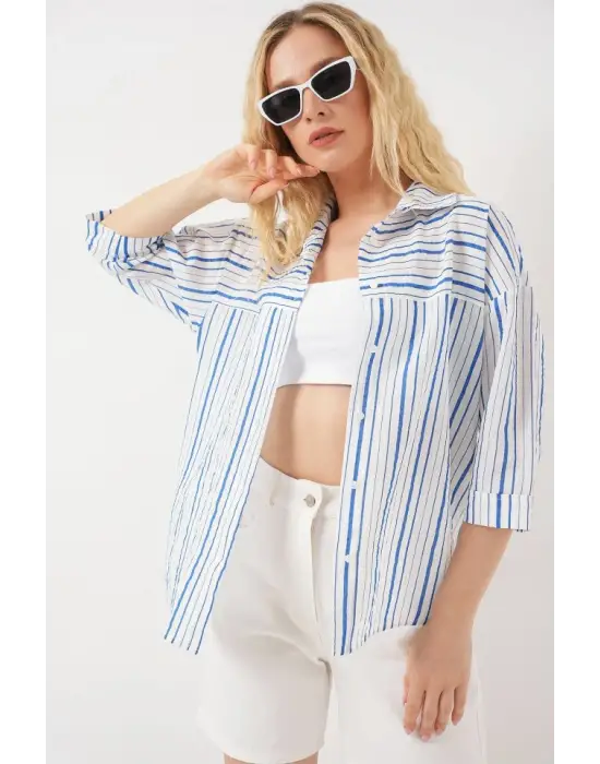 Çizgili Kısa Kol Gömlek 20344 - Mavi