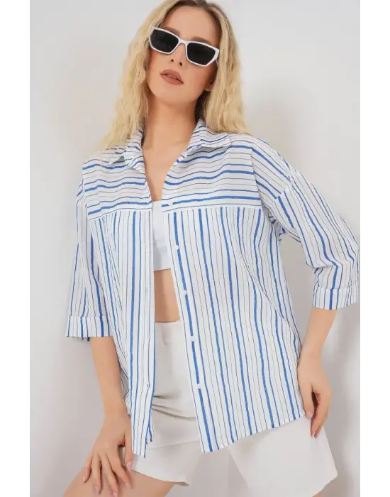 Çizgili Kısa Kol Gömlek 20344 - Mavi