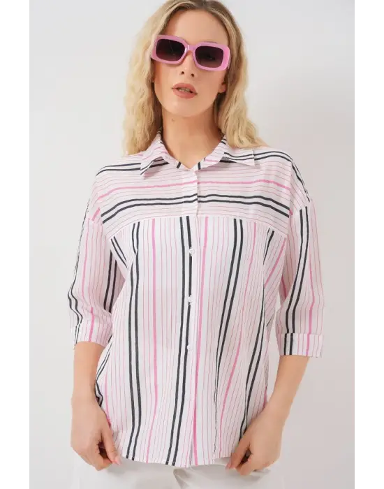 Çizgili Kısa Kol Gömlek 20344 - Pembe
