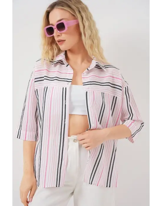 Çizgili Kısa Kol Gömlek 20344 - Pembe