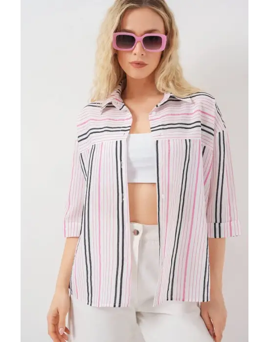 Çizgili Kısa Kol Gömlek 20344 - Pembe