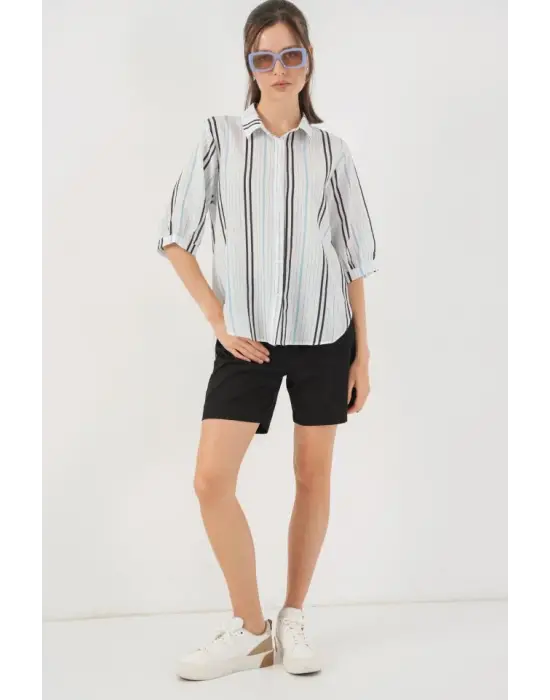 Çizgili Kısa Kol Gömlek 20345 - Açık Mavi