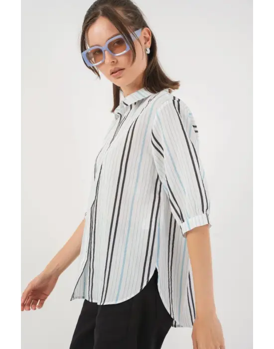 Çizgili Kısa Kol Gömlek 20345 - Açık Mavi