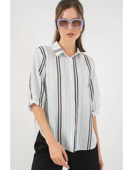 Çizgili Kısa Kol Gömlek 20345 - Açık Mavi