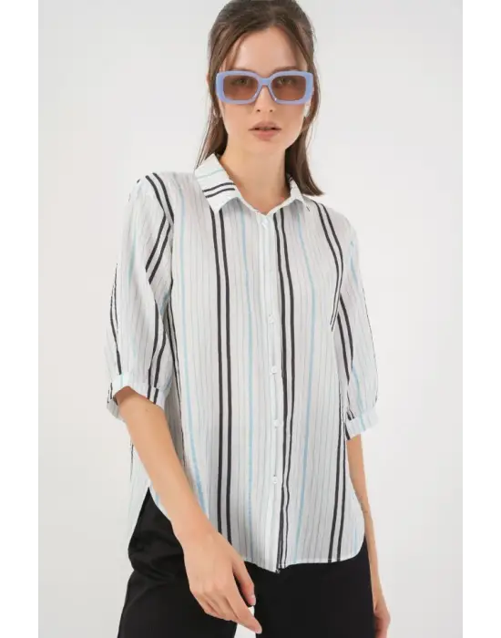 Çizgili Kısa Kol Gömlek 20345 - Açık Mavi