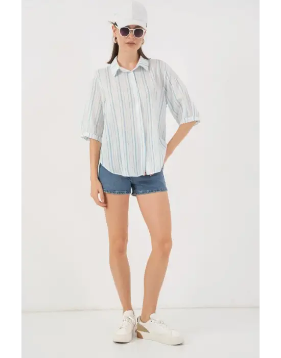 Çizgili Kısa Kol Gömlek 20345 - A.Mavi