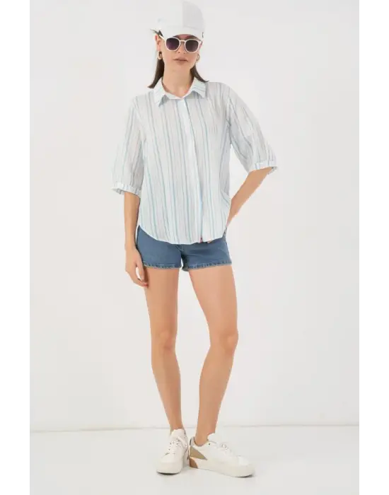 Çizgili Kısa Kol Gömlek 20345 - A.Mavi