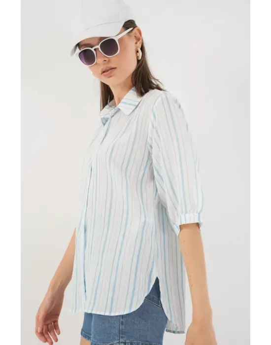 Çizgili Kısa Kol Gömlek 20345 - A.Mavi