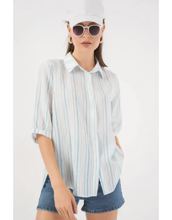 Çizgili Kısa Kol Gömlek 20345 - A.Mavi