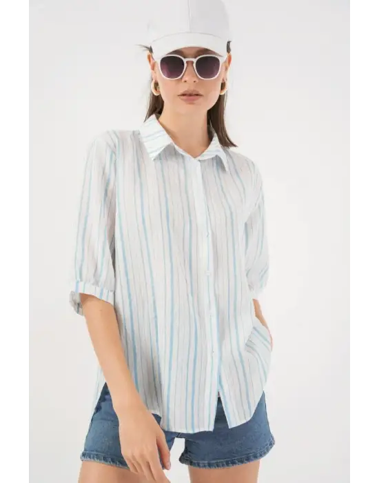 Çizgili Kısa Kol Gömlek 20345 - A.Mavi