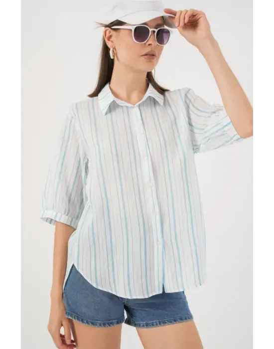 Çizgili Kısa Kol Gömlek 20345 - A.Mavi