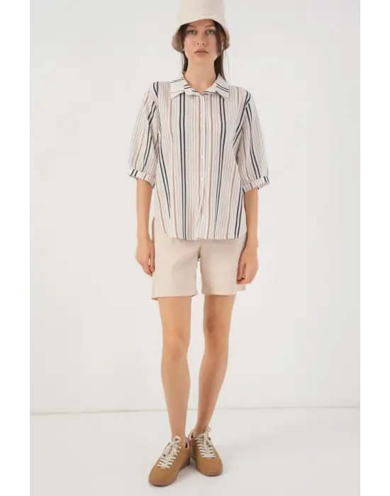 Çizgili Kısa Kol Gömlek 20345 - Bej