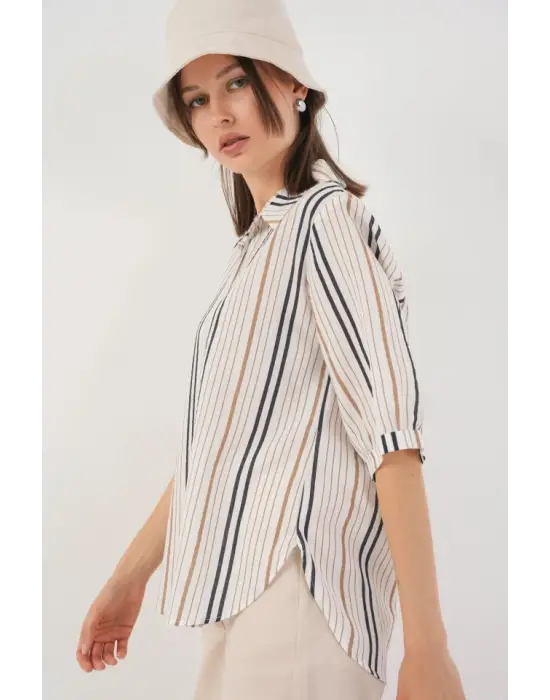 Çizgili Kısa Kol Gömlek 20345 - Bej