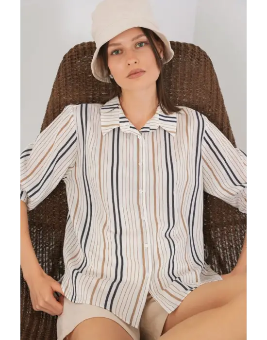 Çizgili Kısa Kol Gömlek 20345 - Bej