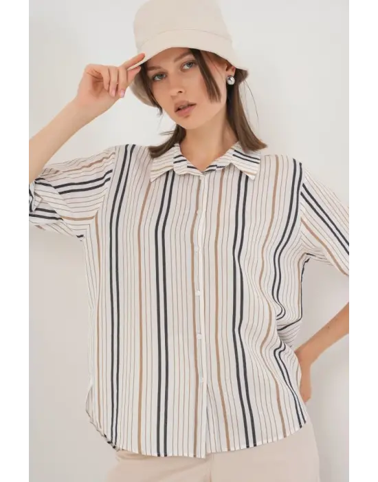 Çizgili Kısa Kol Gömlek 20345 - Bej