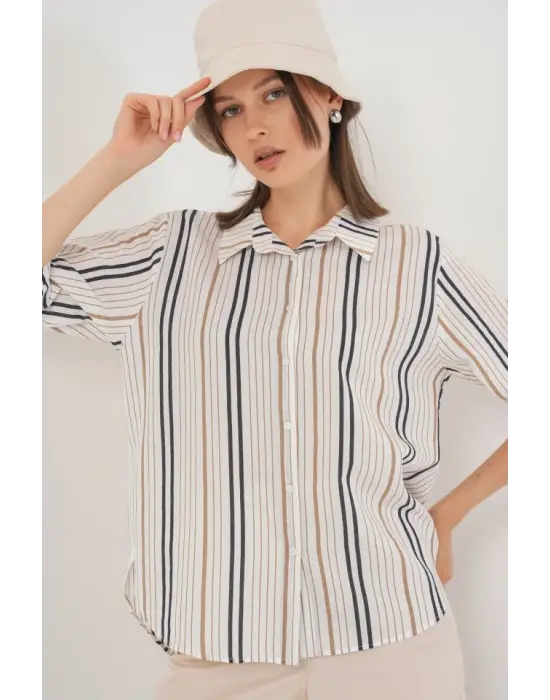 Çizgili Kısa Kol Gömlek 20345 - Bej