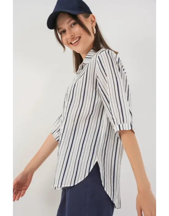 Çizgili Kısa Kol Gömlek 20345 - F.Lacivert