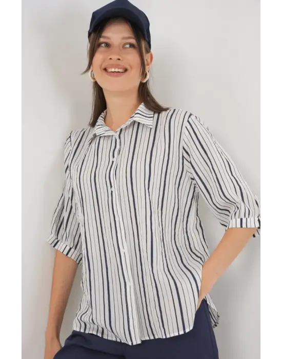 Çizgili Kısa Kol Gömlek 20345 - F.Lacivert