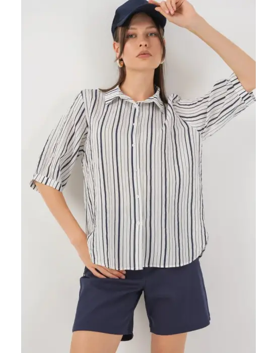 Çizgili Kısa Kol Gömlek 20345 - F.Lacivert