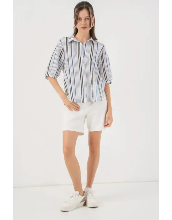 Çizgili Kısa Kol Gömlek 20345 - Lacivert