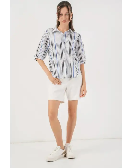Çizgili Kısa Kol Gömlek 20345 - Lacivert