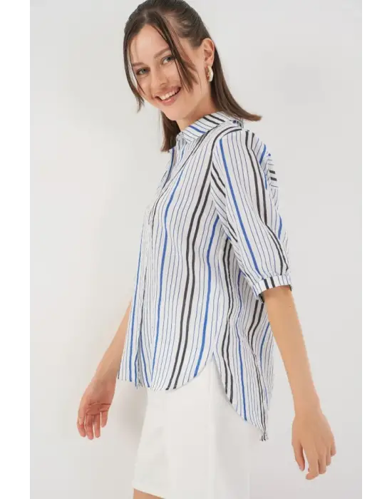 Çizgili Kısa Kol Gömlek 20345 - Lacivert