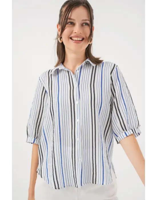 Çizgili Kısa Kol Gömlek 20345 - Lacivert