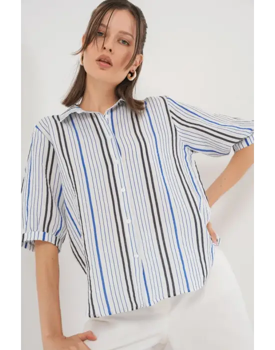 Çizgili Kısa Kol Gömlek 20345 - Lacivert