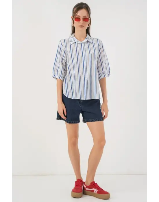 Çizgili Kısa Kol Gömlek 20345 - Mavi